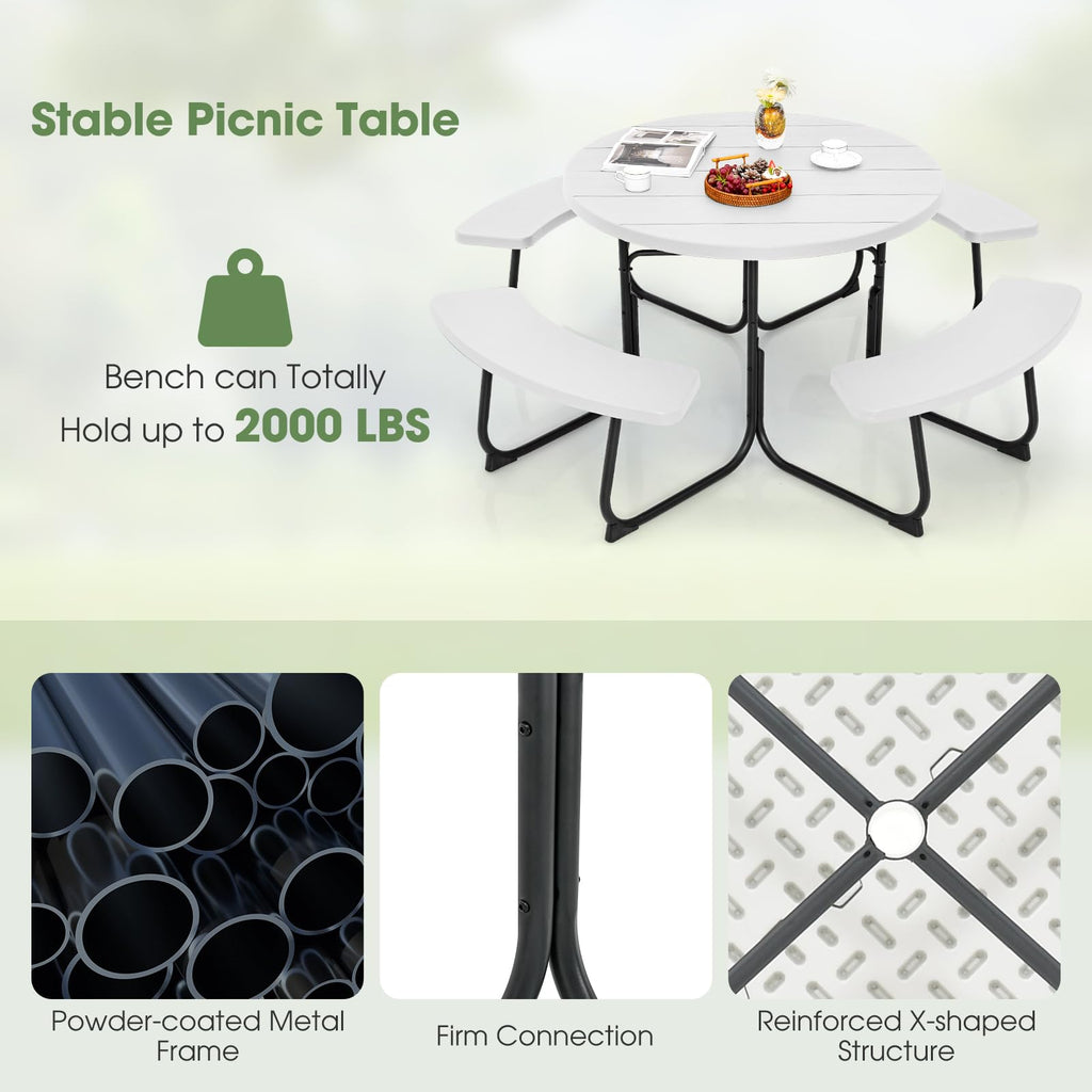 Picnic Table Set for Up to 8 Persons, Round Outdoor Table and Bench Set with Umbrella Hole, HDPE Top & Metal Frame