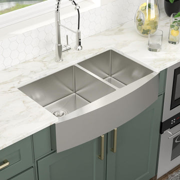 33 Inch Farmhouse Sink 60/40 Double Bowl Kitchen Sink Apon Front Sink 16 Gauge 304 Stainless Steel Farm Sinks 33x20x9