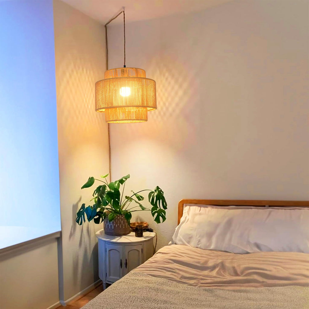 Plug in Pendant Light Hanging Lights with Plug in Cord Hanging Lamp Boho Rattan Dimmable Wicker Bamboo Woven Shade
