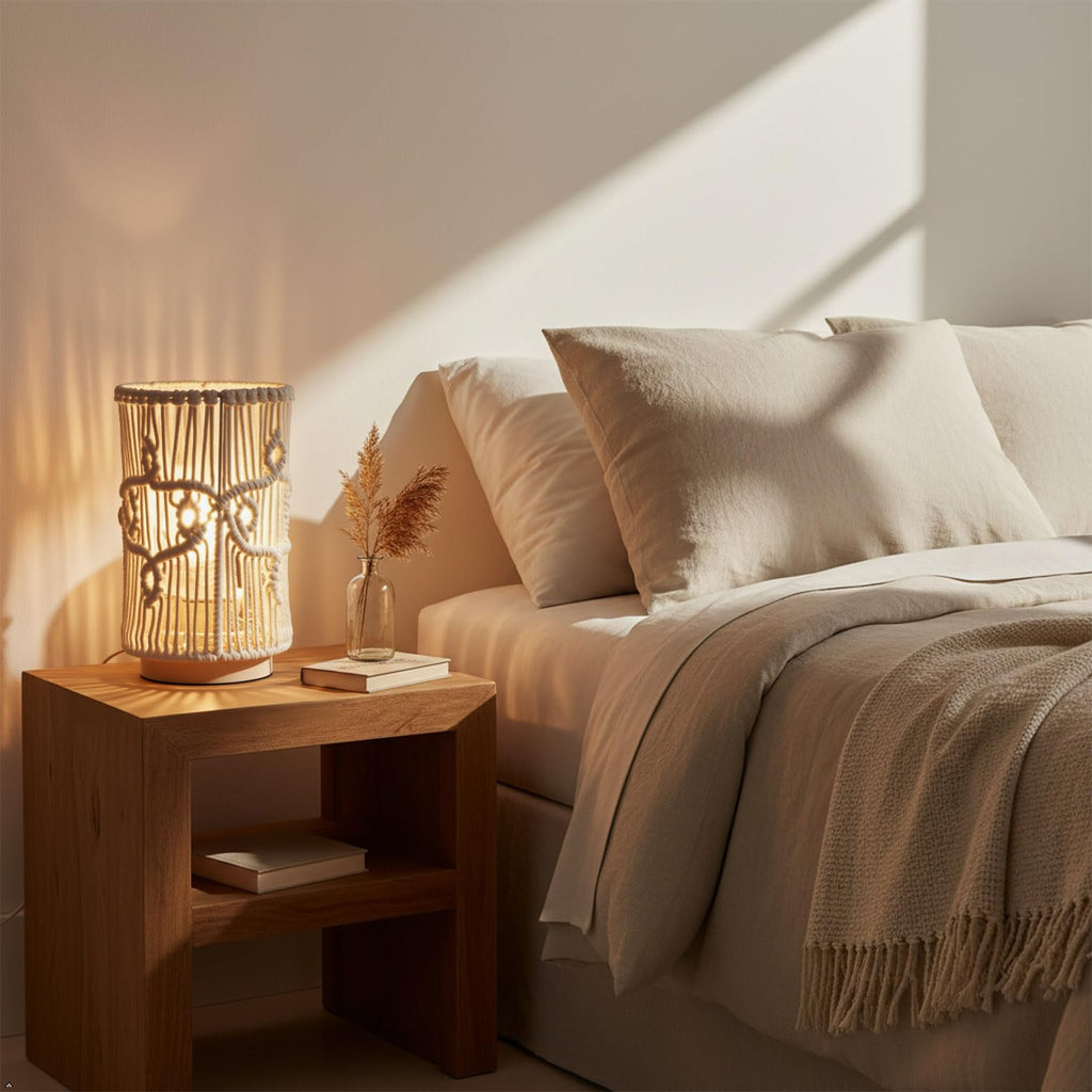Table Desk Lamp, Small Boho Hollow-Out Decorative Bohemian Macrame Handmade Nightstand Night Light Solid Wood Base