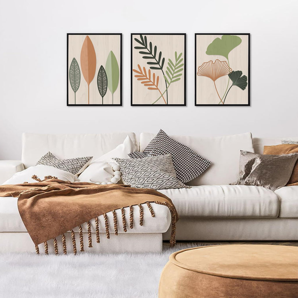 Framed Botanical Wall Art Leaf Art Pieces Zen Canvas Wall Art Set of 3(12"X16") Boho Bedroom Wall Decor Sage Green