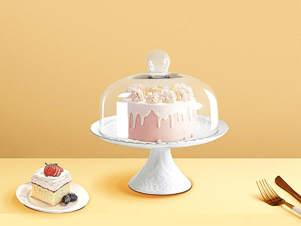 12 Inches White Porcelain Cake Stand-Cupcake Stand with Glass Dome