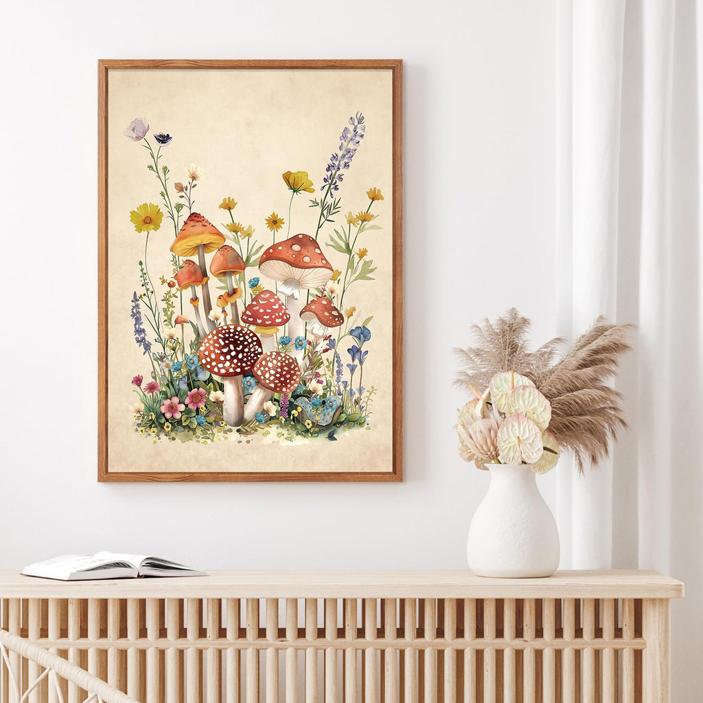 Vintage Mushroom Framed Canvas Wall Art Set Of 3, Magic Mushrooms Wall Decor, Nature Botanical Floral Painting