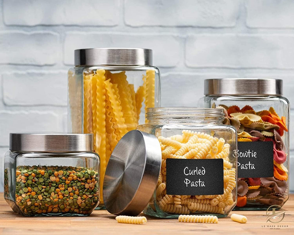 Square Glass Cookie Jars with Airtight Lids + Marker & Labels, Canister Sets Counter or Bathroom - Food Storage - Set of 4