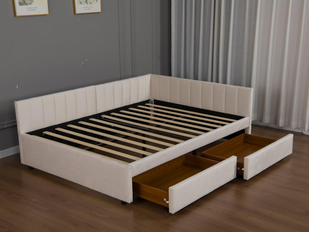 Full Corner bedframe with 2 Drawers, Upholstered daybed with Storage, L-Shape daybed Living Room, Beige + Velvet