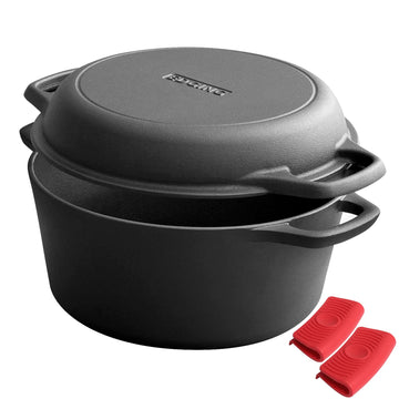 2-in-1 Pre-Seasoned Cast Iron Dutch Oven Pot with Skillet Lid Cooking Pan, Cast Iron Skillet Cookware Pan Set with