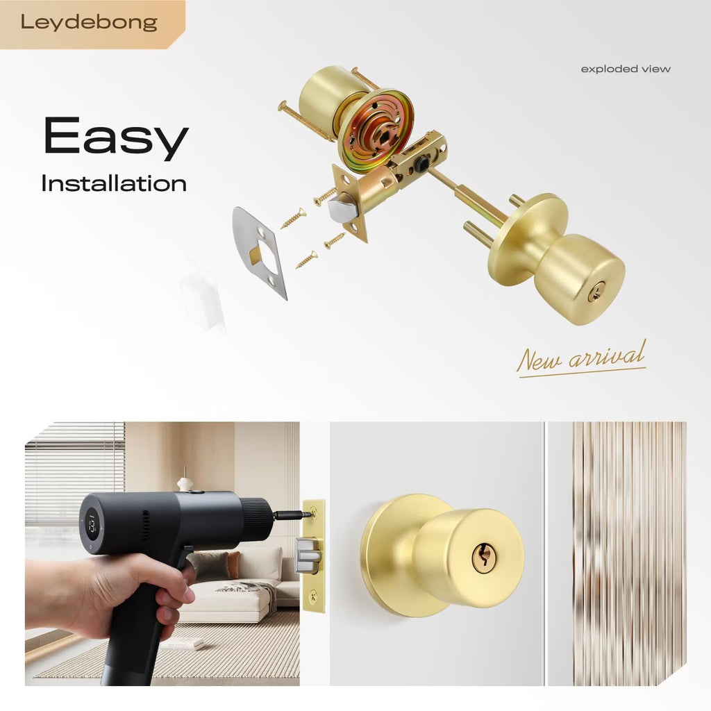 4 Pack Keyed-Alike Stainless Steel Door Knob Lock Gold Door Knobs with Keys, Adjustable 60-70mm Backset for 35-45mm