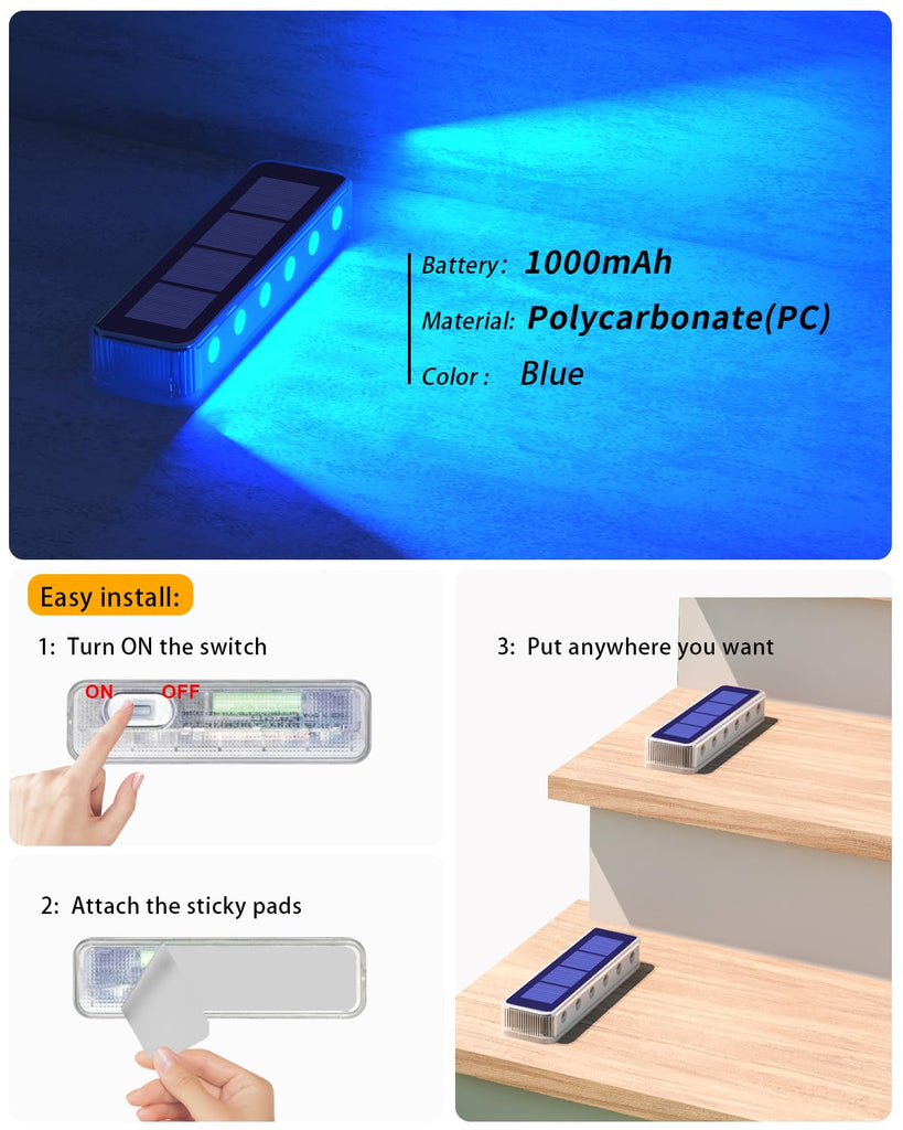Blue Solar Step Lights for Outside IP68 Waterproof Led 8 Pack