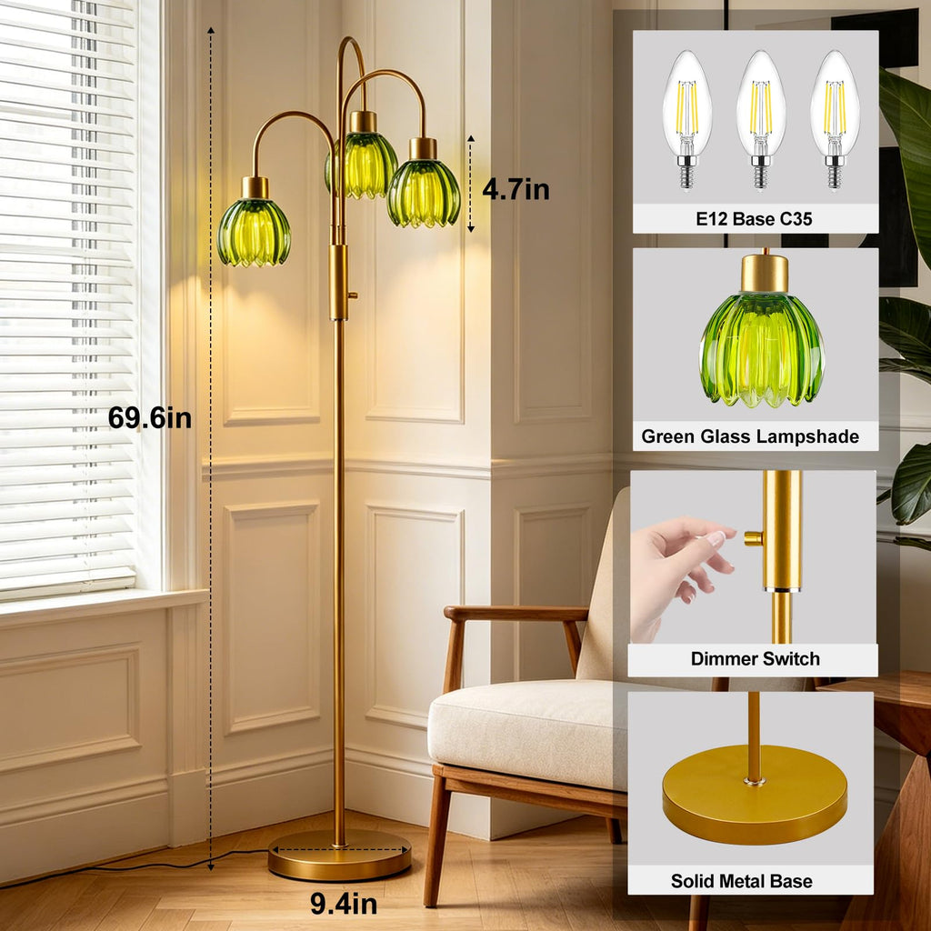 Green Glass Gold Floor Lamp 70" Modern Dimmable Tall Floor Lamps 3-Light