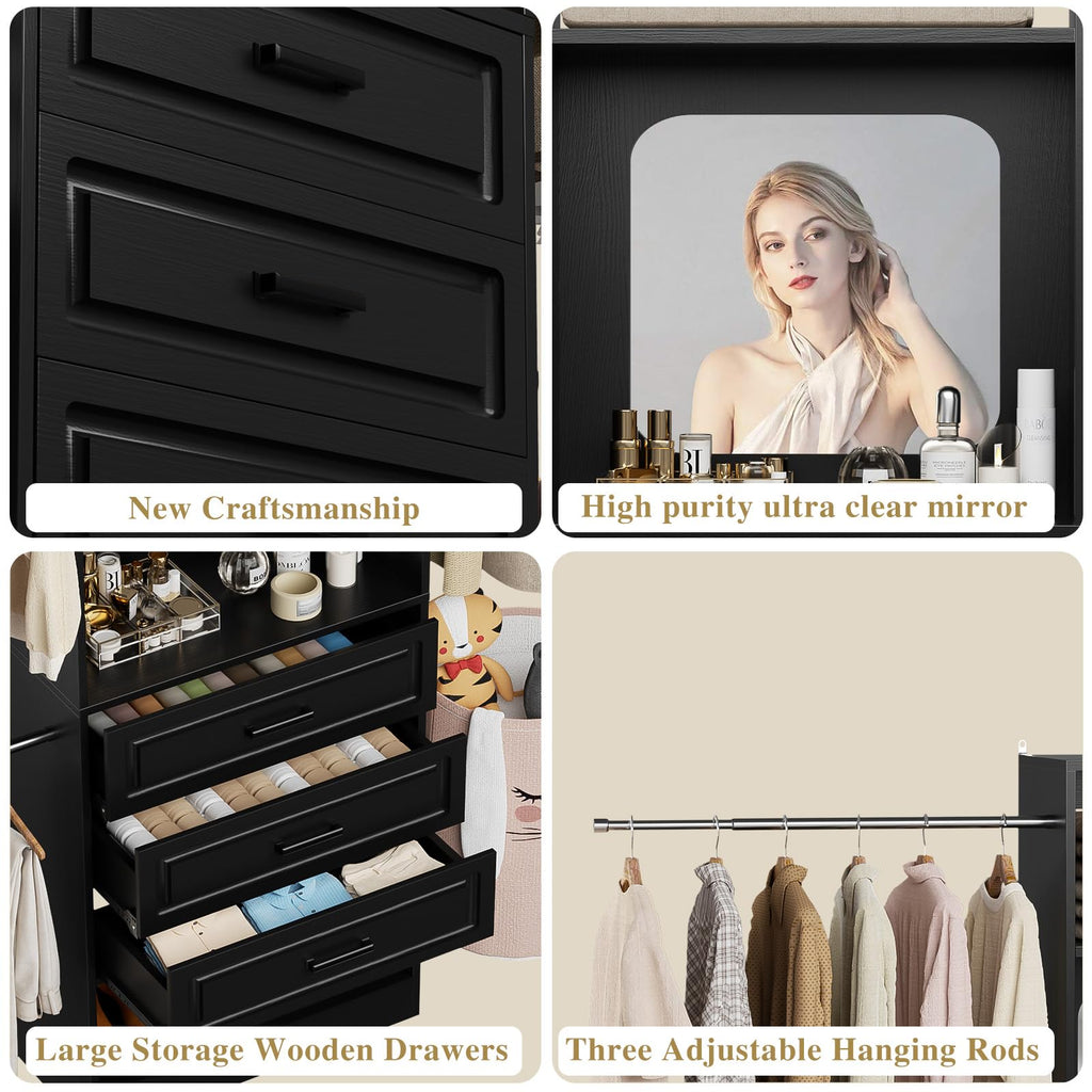 6-14FT Wood Closet System with 6 Drawers and Mirror, Black