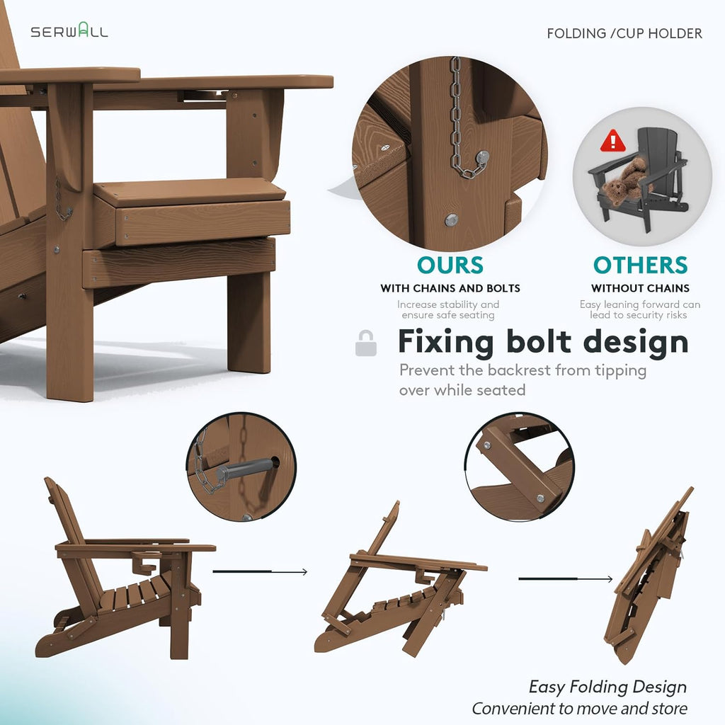 Outdoor Adirondack Chair Set of 2 with 2 Cup Holders,Foldable,Brown | HDPE Composite,Waterproof,Wood Grain,Cup &