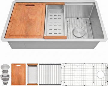 Undermount Kitchen Sink 32 inch,16 Gauge Stainless Steel Workstation Sinks,Large Single Bowl Kitchen Sink Offset