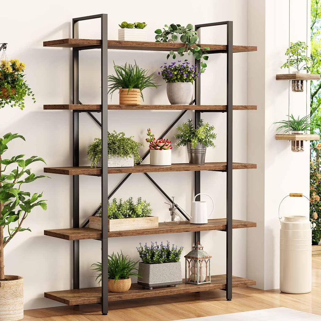 Rustic Wood Bookshelf, 5 Shelf Bookcases with Storage, Rustic Brown