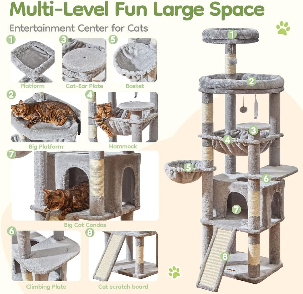 72 Inches Cat Tree for Large Cats, Multi-Level Tall Cat Tower, Widened Cat Condo with Large Scratch Board