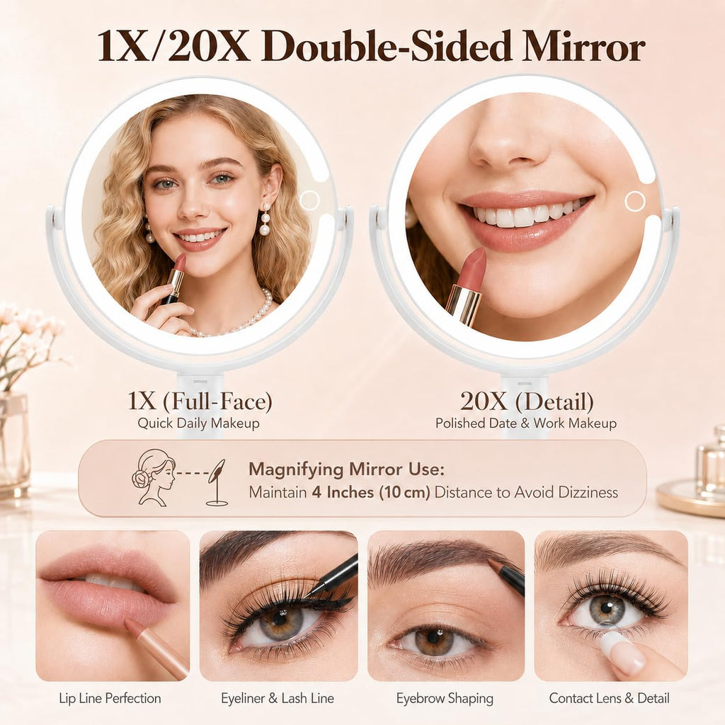 Makeup Mirror with Lights, 20X Magnifying Mirrors, Height Adjustable, Vanity Mirror with Lights Rechargeable 3 Color