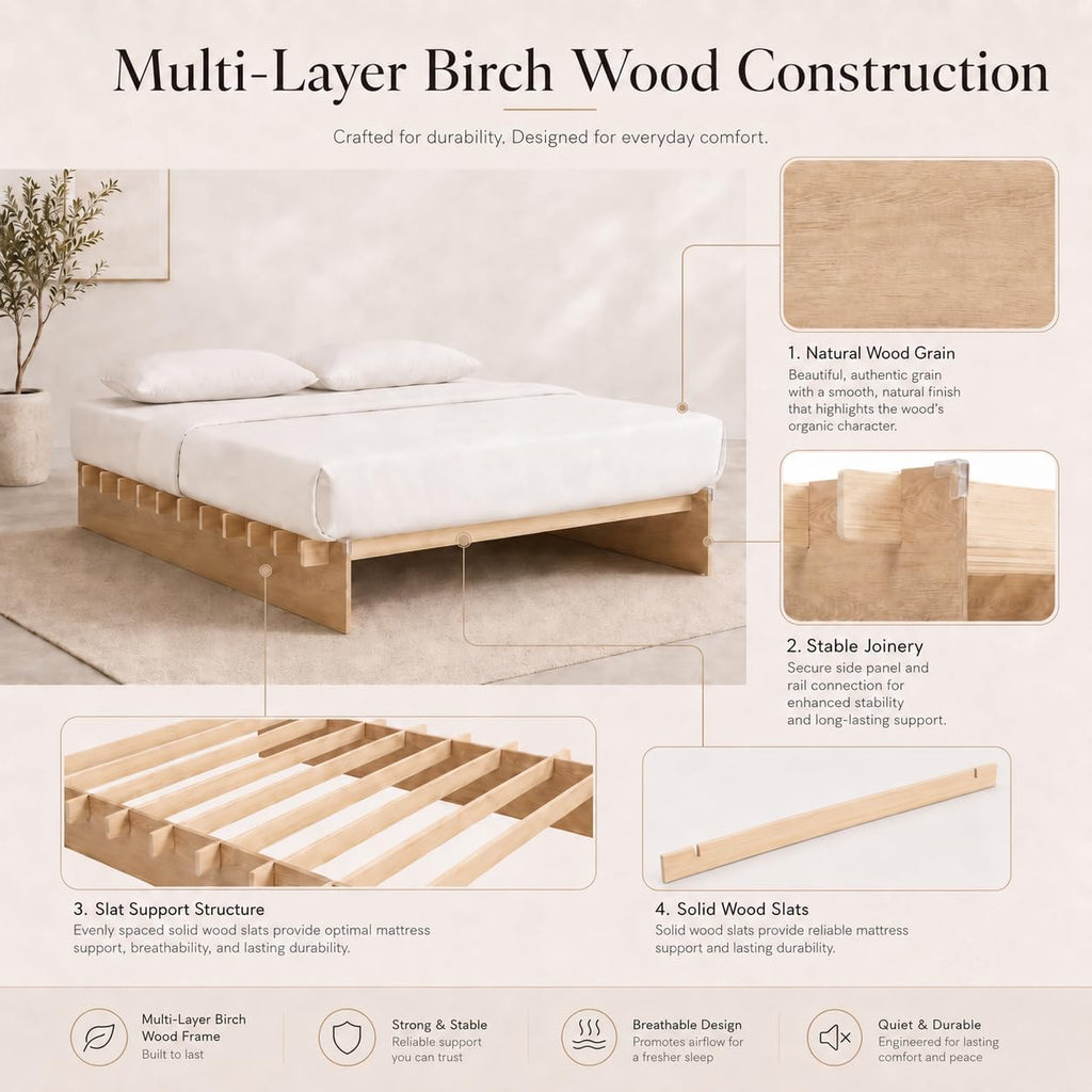 King Size Wood Platform Bed Frame, Japanese Tool-Free Joinery
