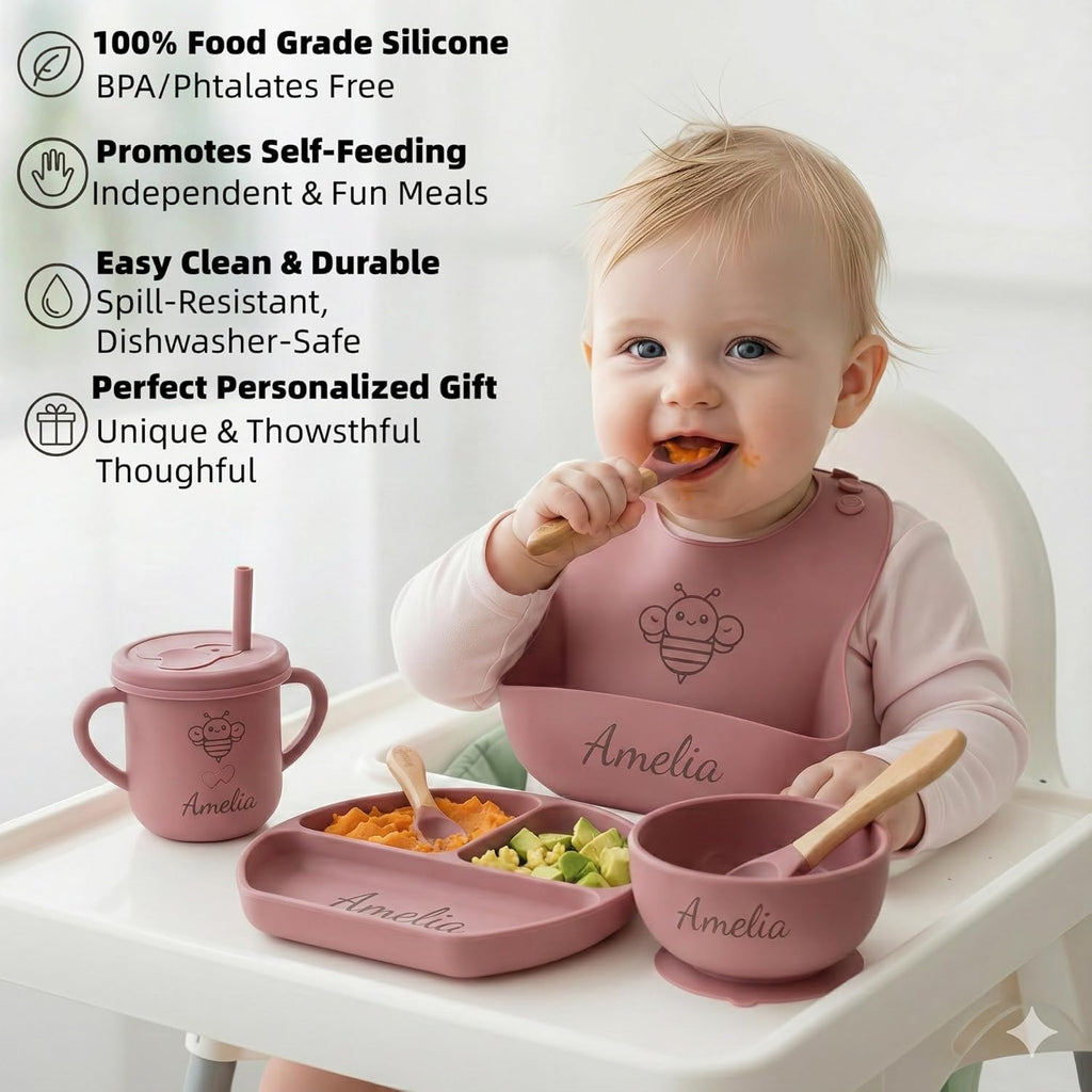 Personalized Name Food Grade 6pcs Baby Feeding Set with Spoon, Fork,Silicone Suction Bowls,Cup,Plate,and bib BPA Free