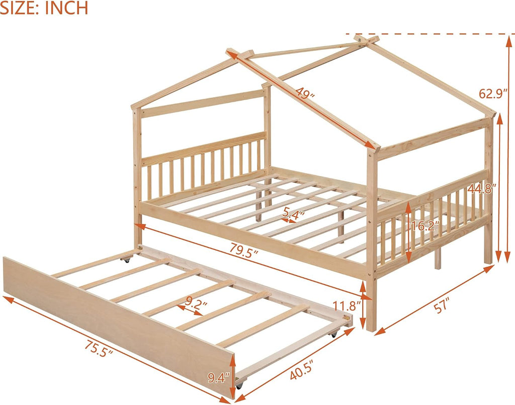 Full House Beds with Trundle Wooden Kids Montessori Bed Frame Wood Playhouse Tent Bed Frame for Girls Boys, Full