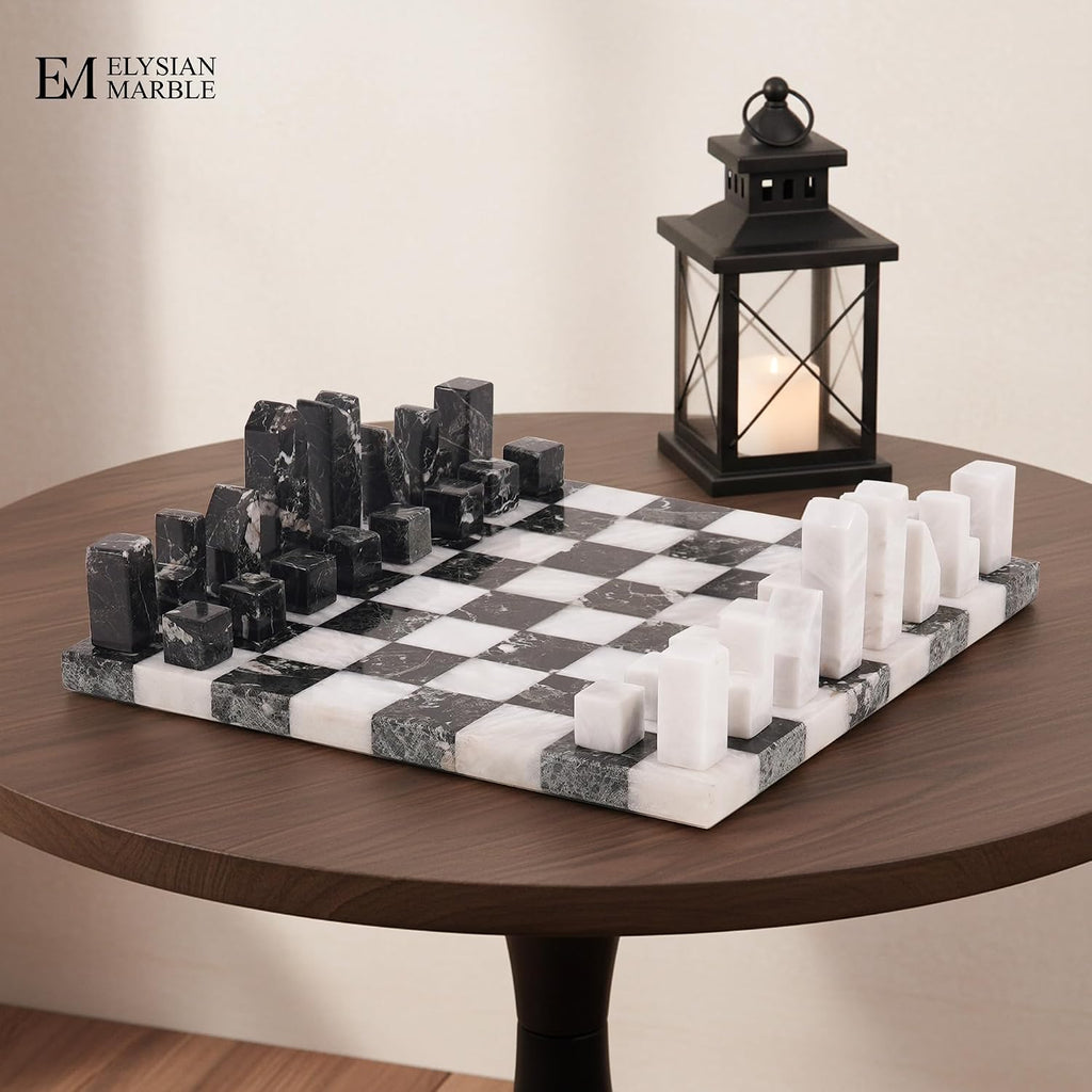 Modern Chess Set - Handcrafted Borderless Marble Chess Board with Minimalist Geometric Pieces, Luxury Decorative