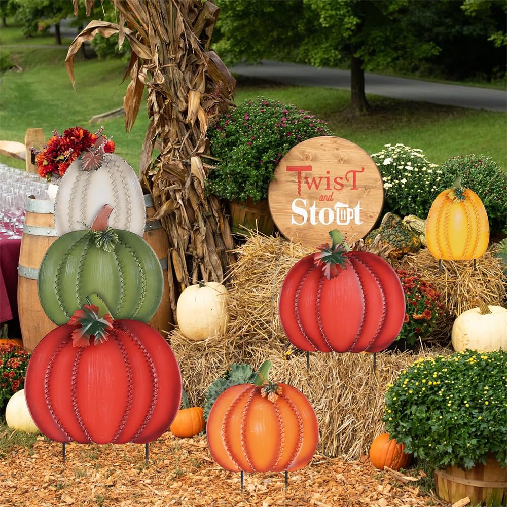 Fall Decorations Outdoor, 34" 2PCS Decorative Garden Stakes with 6 Pumpkins for Fall Decor, Metal Yard Signs Outside