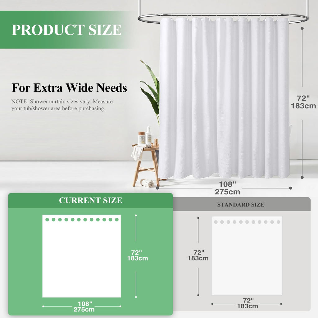 Extra Wide Waffle Shower Curtain 256 GSM Fabric 108x72 White