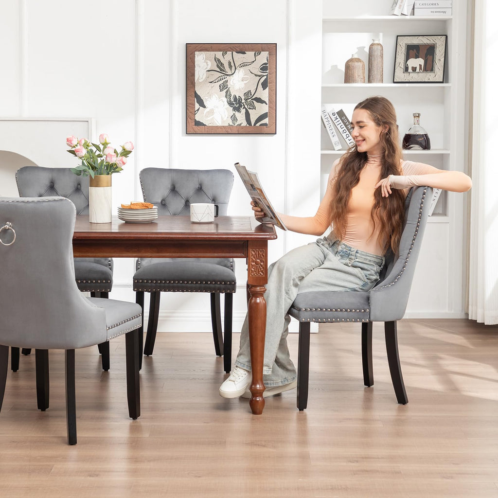 Velvet Dining Chairs Set of 2, Upholstered Dining Chairs with Ring Pull Trim and Button Back, Modern Seating (Grey)