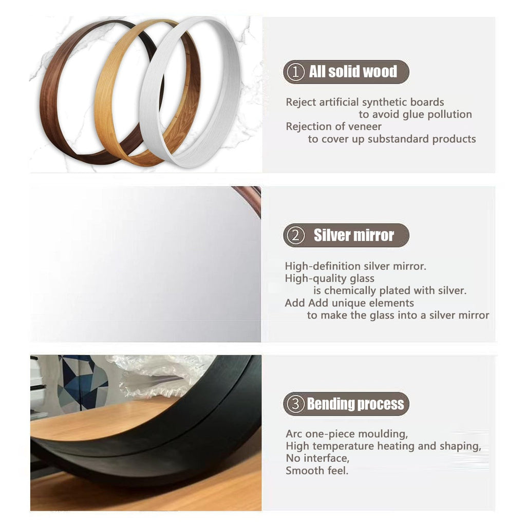 Wood Frame Lighted Mirror with Anti-Fog, Round LED Bathroom Mirrors, Wall Mirror with Shelf, Illuminated Makeup