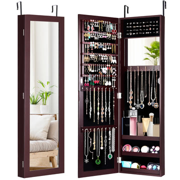 Wall Mounted Jewelry Cabinet with Full Length Mirror, Over The Door Jewelry Organizer w/Built-in Makeup Mirror