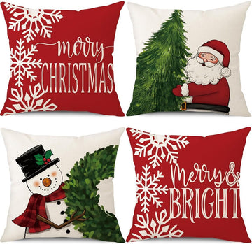 Merry Christmas Pillow Covers 20x20 Set of 4 Christmas Decorations Santa Wreath Christmas Tree Claus Snowman Decor
