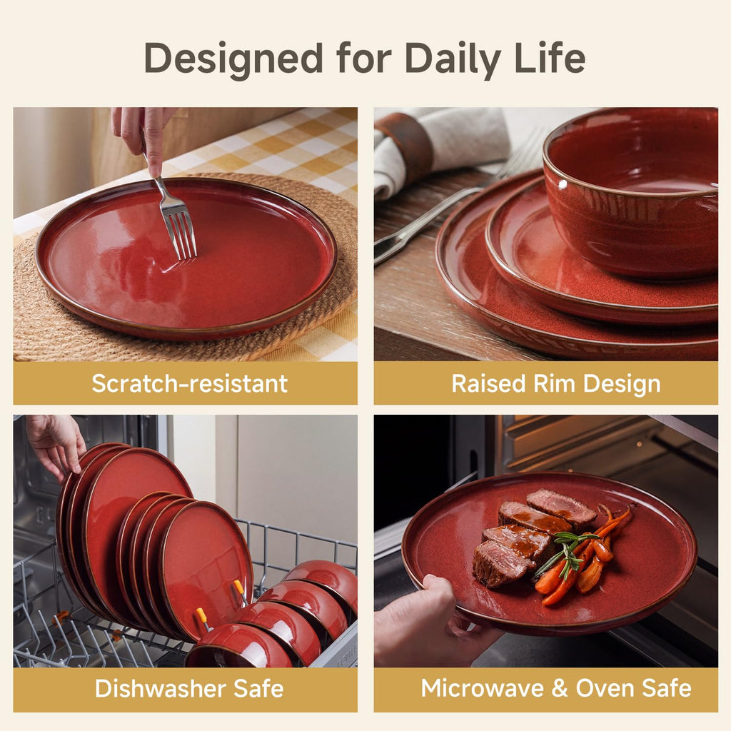 Stoneware Dinnerware Sets for 4, Reactive Glaze, Red