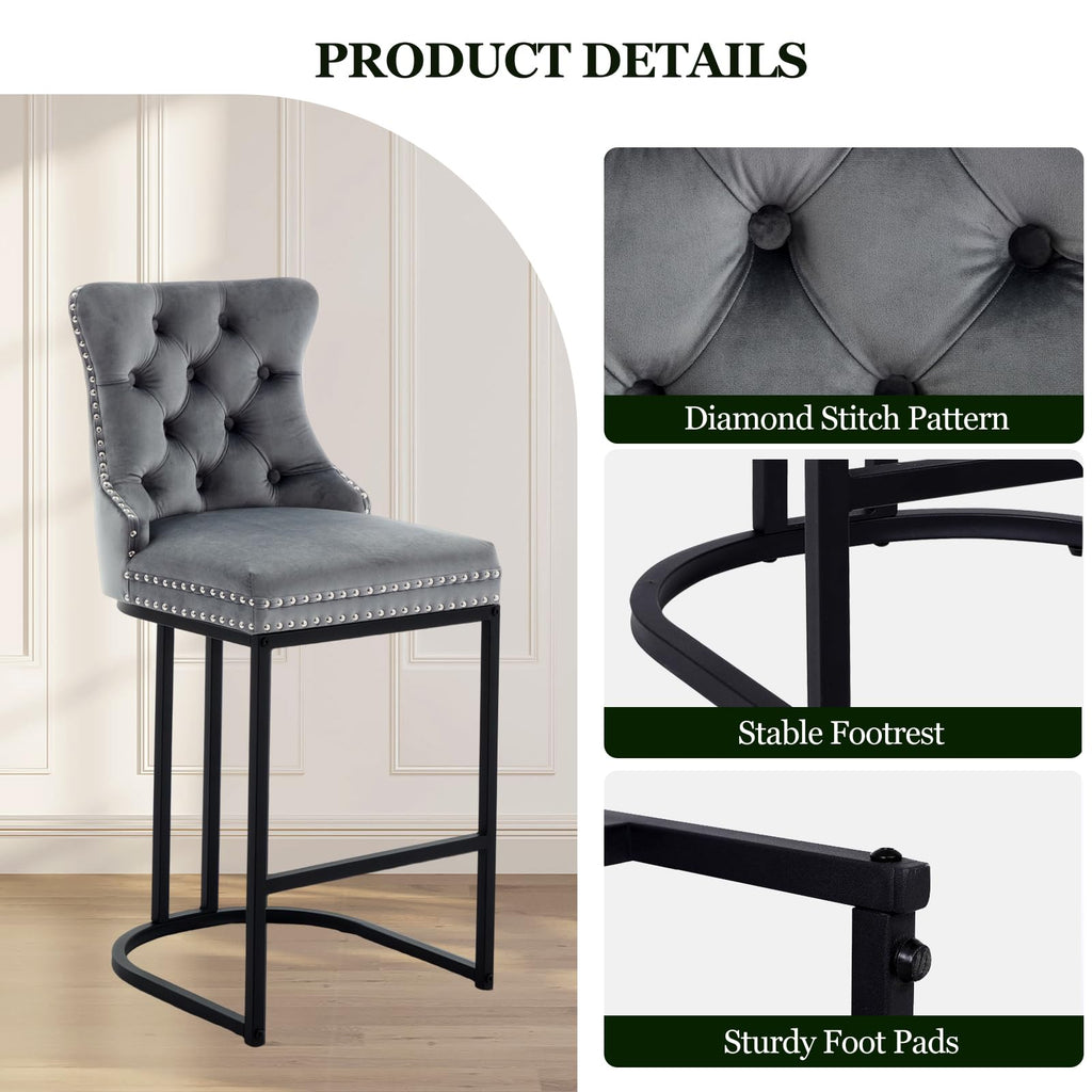 Counter Height Bar Stools Set of 2, 26" Modern Barstools with Back, Velvet Upholstery Counter Chairs with Metal Legs