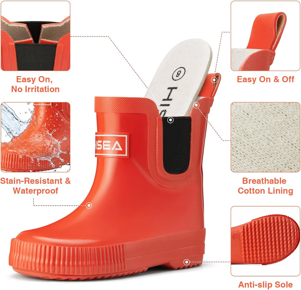 Kids Rain Boots 100% Rubber Toddler Ankle Deck Shoes
