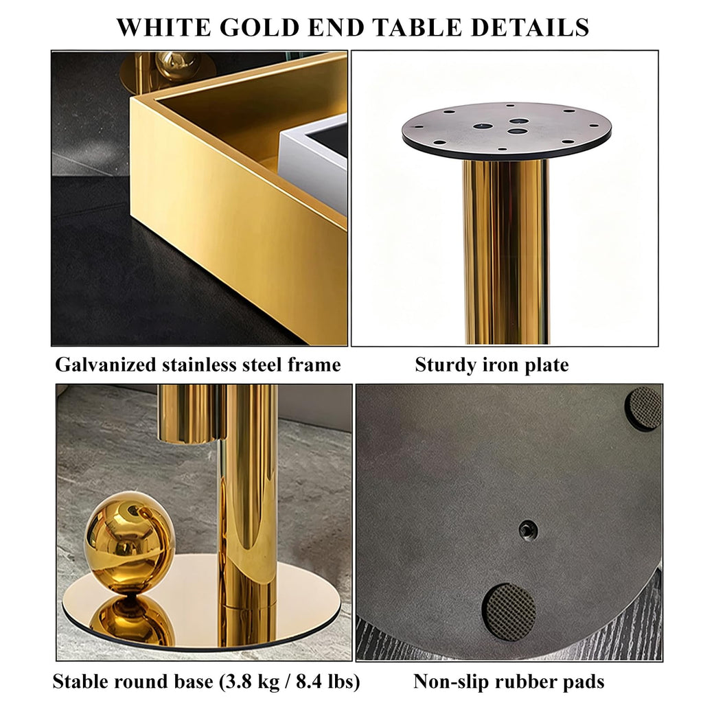 White Gold Round Side Table, 19.7" Faux Marble Sofa End Table, Modern Nightstand, Small Accent Table with Stainless