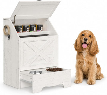 Dog Feeding Station with Sliding Drawer and 2 Hidden Bowls, Pet Feeding Station with Flip-Up Door, Dog Food Storage
