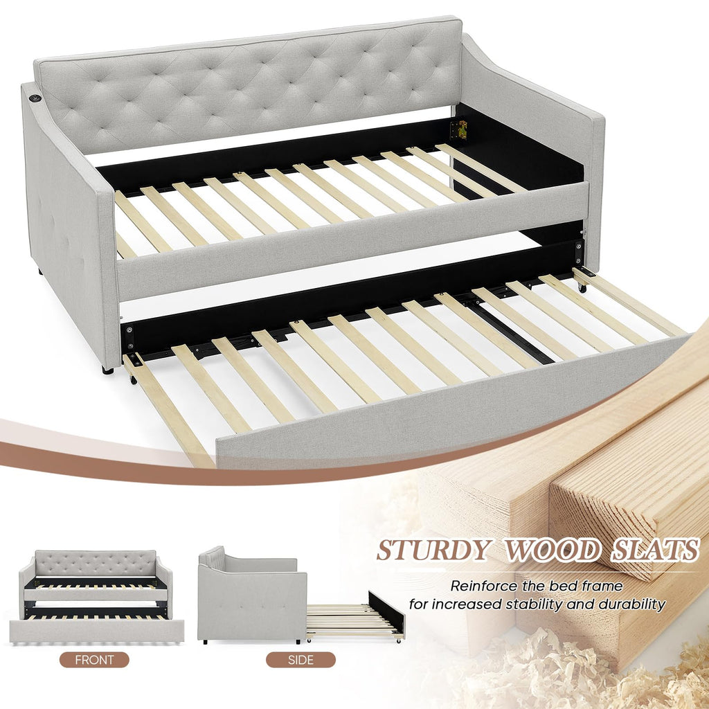 Daybed with Pop up Trundle, Fabric Upholstered Twin Size Day Bed Pull-Point Sofa Daybed Frame w/Twin Roll-Out