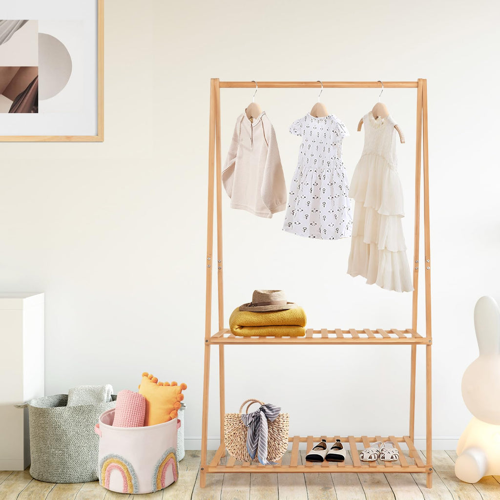 Bamboo Child Garment Rack Foldable with 2 Tier Storage Shelf