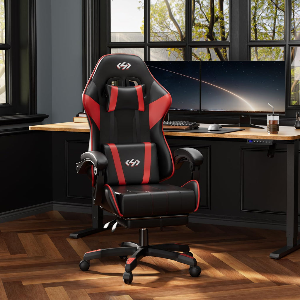 Gaming Chair with Footrest, Lumbar Support & Headrest, Black&Red