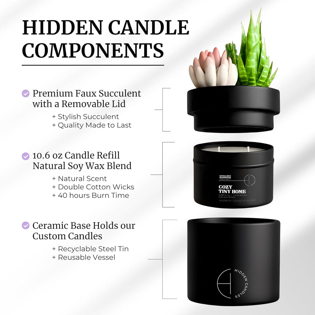Hidden Candle - Cozy Tiny Home | Vanilla, Lavender & Eucalyptus Scented Candle with Faux Succulent | 10.6oz Soy Wax - Set of 106