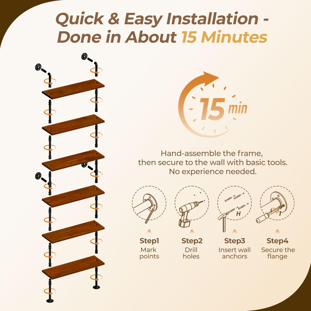 Industrial Pipe Bookshelf, Wall Mounted Shelf, 36 Inch, Walnut Brown