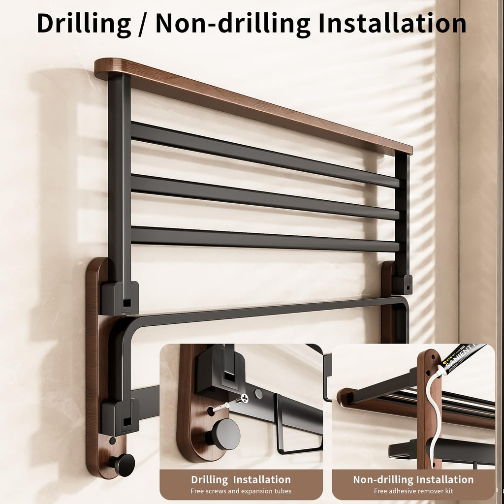 Towel Rack Holder 3-Tier Solid Wood with Shelf, Foldable Wall Mount, 24in Thickened Tube Holds 30lbs, 7 Hooks