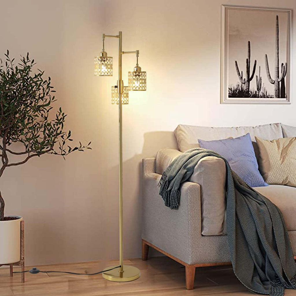 Industrial Floor Lamp, Dimmable Floor Lamp, Gold Tree Lamp Standing Lamp Tall Pole Lamps with 3 Elegant Crystal