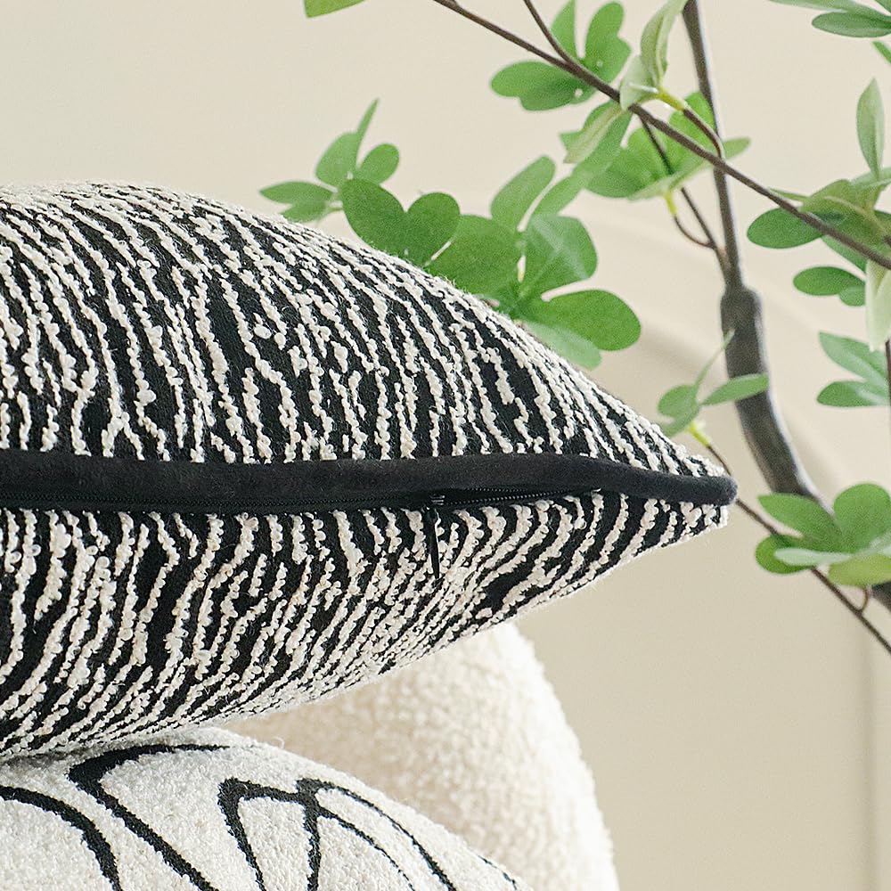 Black White Boho Textured Abstract Throw Pillow Cover, Geometric Minimalist Lumbar Pillowcase for Couch Sofa Bed