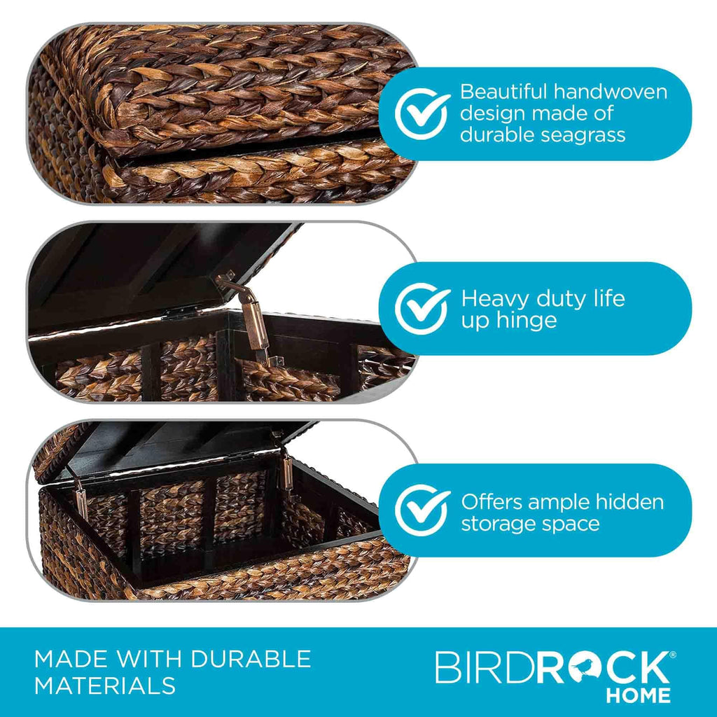 Woven Seagrass Storage Ottoman Cube with Lift Lid, Brown, 22"