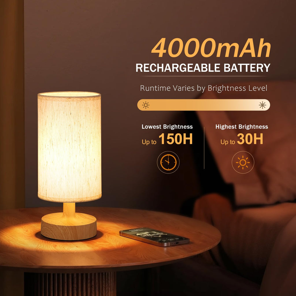 Cordless Table Lamp Rechargeable Small - 2 Pack Beige Wood, 4000mAh Battery Operated Lamp with Touch Control Stepless
