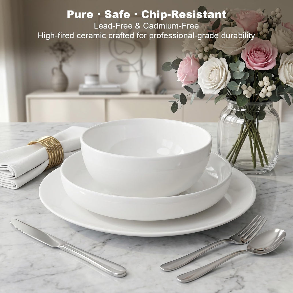 Porcelain Dinnerware Set for 4, Lightweight White New Bone China Plates and Bowls, 10" Dinner Plates, 8"