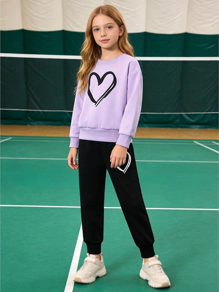 Graphic 4 Piece Outfits Heart Print Workout Hoodie and Sweatpants Fall Winter Clothing Set