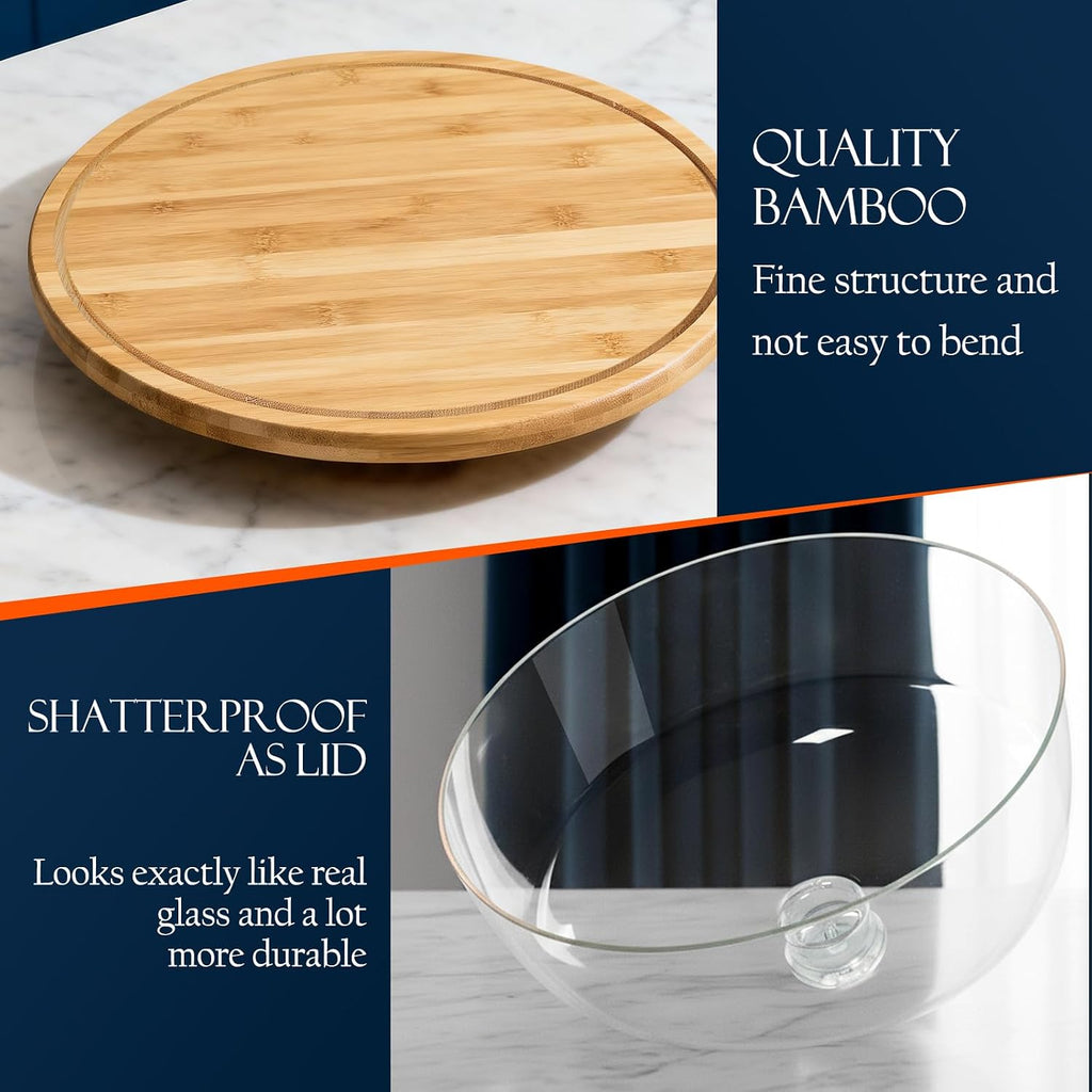Rotating Bamboo Cake Stand with Shatterproof Acrylic Dome,11.8in