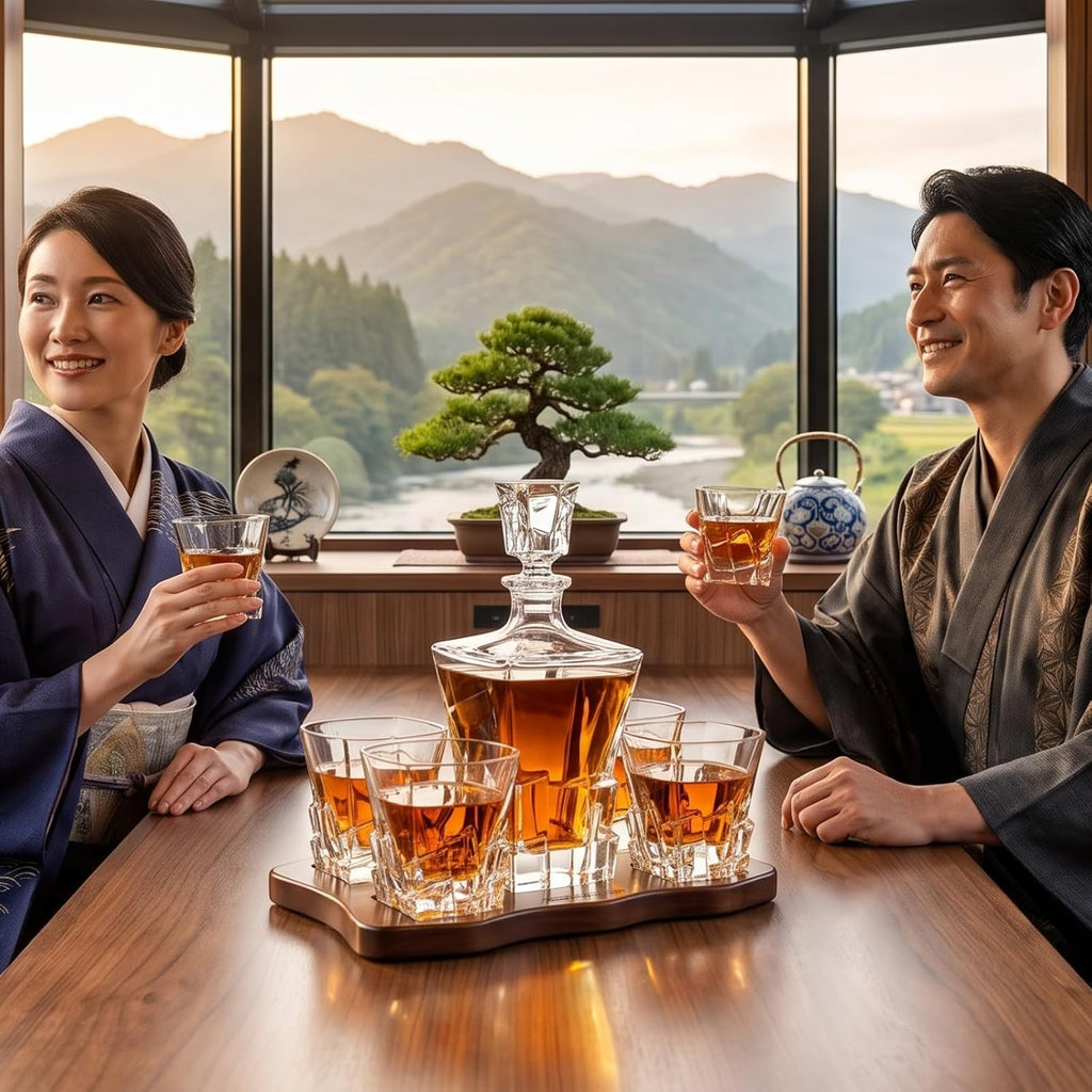 Ridge Japanese Crystal Whisky Decanter Set with 4 Tumbler Glasses, Lead-Free Liquor Carafe & 10oz Rocks Glasses