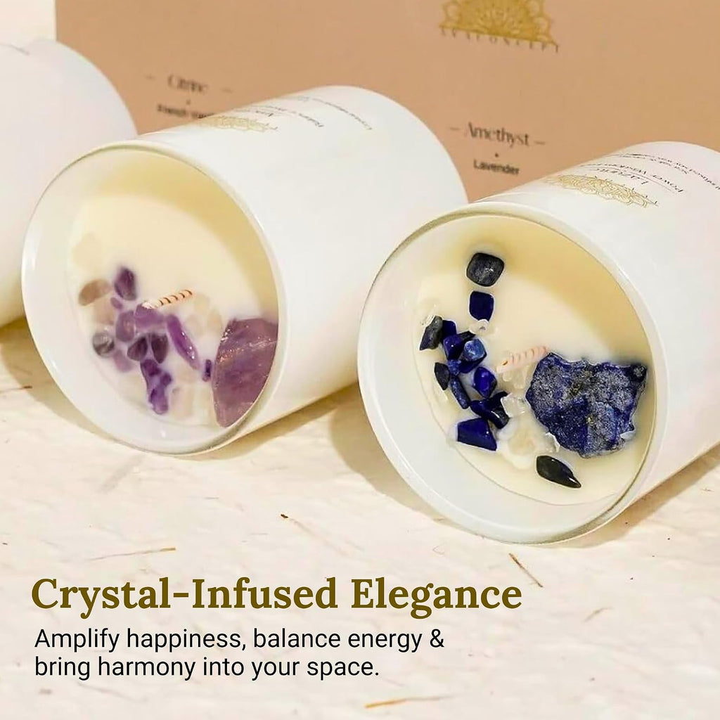Healing Crystal Candle Gift Set Citrine, Amethyst & Lazurite Hand-Poured Soy Wax French - Set of 3