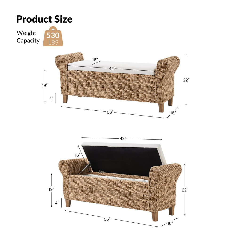 56" Rattan Storage Bedroom Bench with Rolled Armrests, Natural